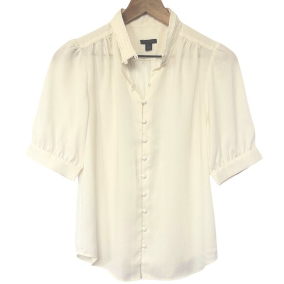 Anne Taylor Ivory Silk Button-Up High Neck Blouse Women's XS Short Sleeve - Picture 1 of 6
